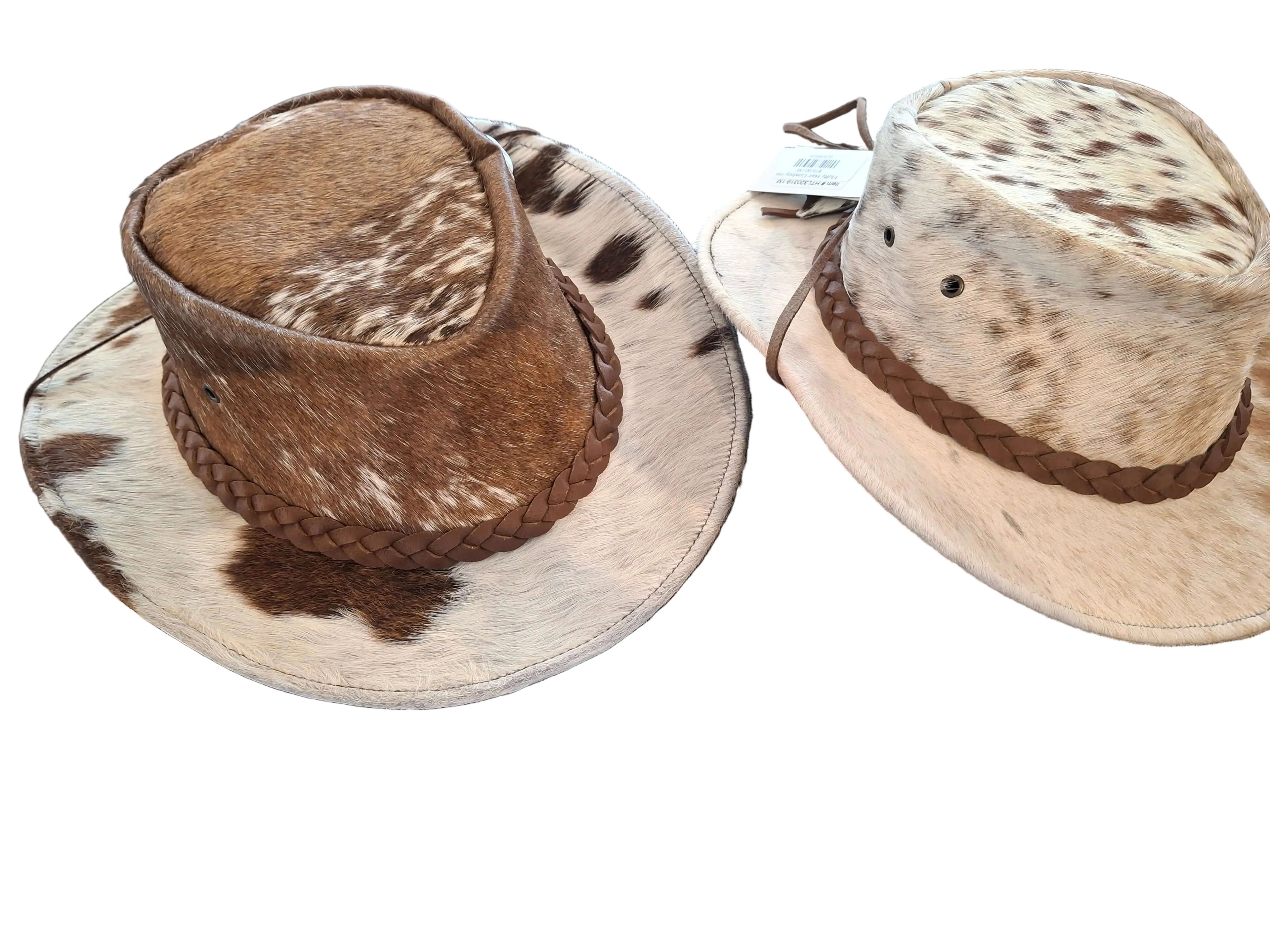 Fluffy Hair Cowboy Hat featuring leather plaited band and real hide in various colors.