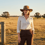 Woman wearing a Fluffy Hair Cowboy Hat with a leather plaited band in a sunlit field.