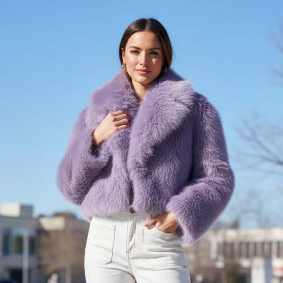 Chloe Faux Fur Jacket in lavender worn by a model outdoors, paired with white pants for a chic winter look.