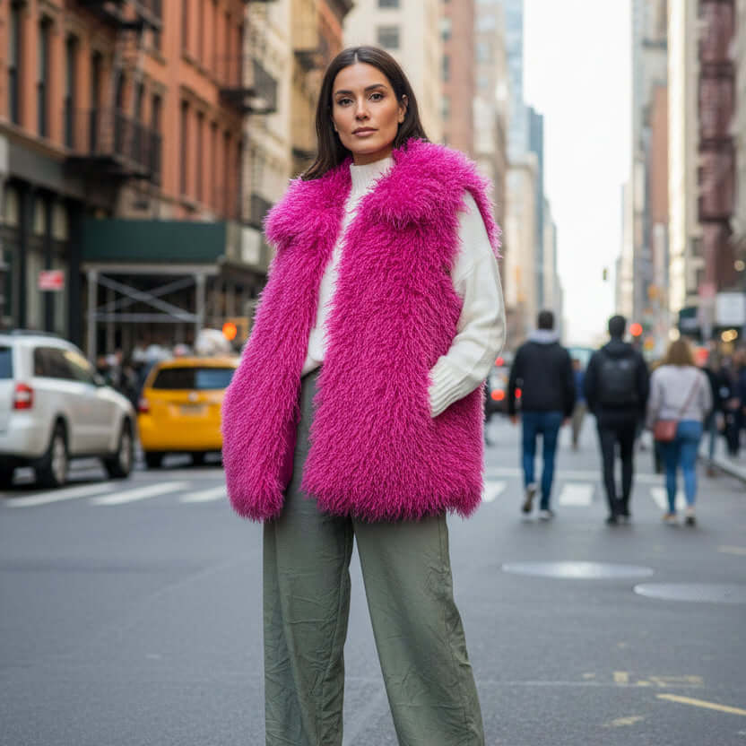 Mongolian Vest in bright pink faux fur with side pockets, modeled on city street backdrop.