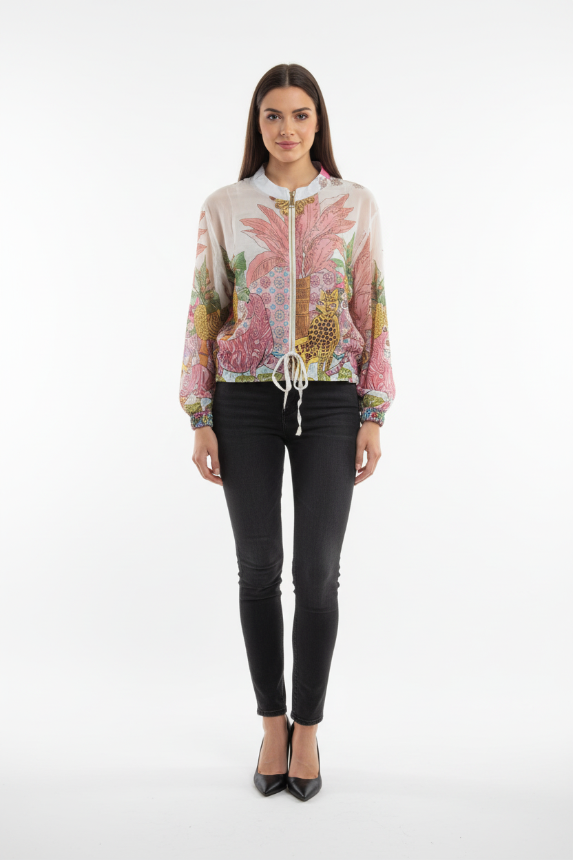 Model wearing the stylish Gauri Zip Jacket with vibrant patterns and a sleek fit, ideal for any occasion.