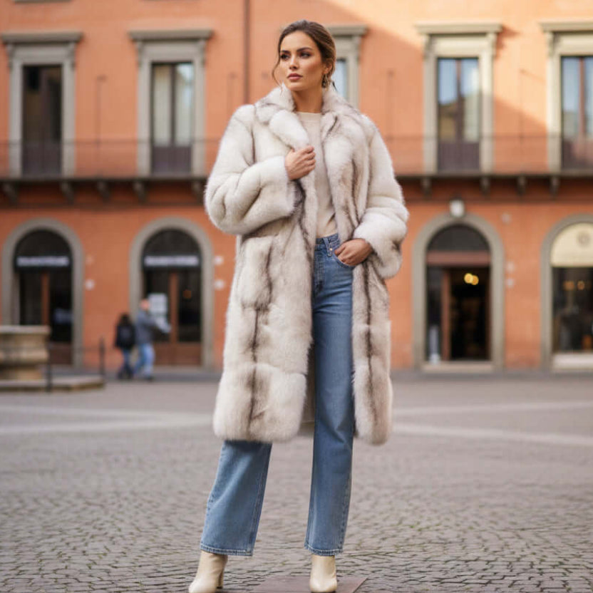 Model showcasing the Faux Fox Long Coat, featuring luxurious faux fur and stylish long sleeves.