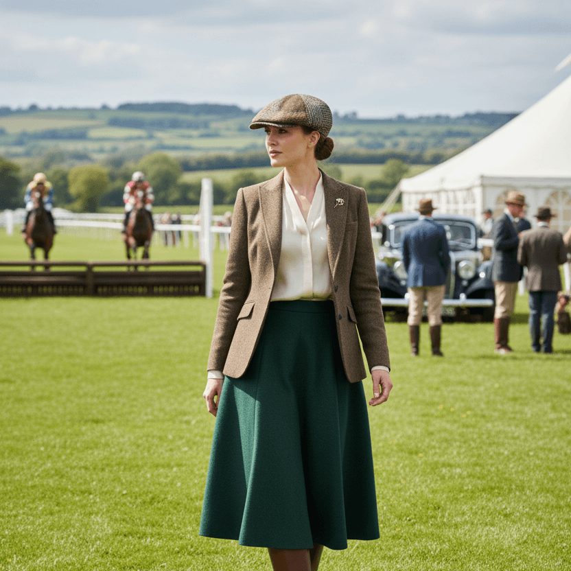 Woman in a stylish outfit featuring the Charlie Check Cap, set in a scenic outdoor event.