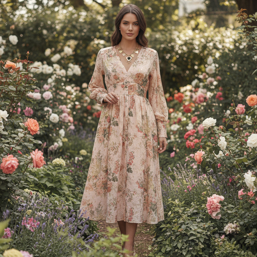 Robe midi motif bouquet de fleurs