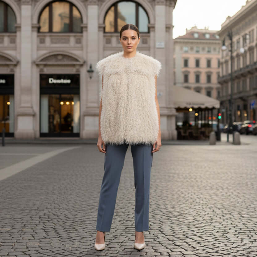 Mongolian Vest featuring faux Afghan fur with satin lining and side pockets, perfect for stylish layering.