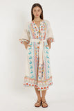 Biscay Maxi White dress featuring colorful embroidery and a relaxed fit, perfect for summer outings.
