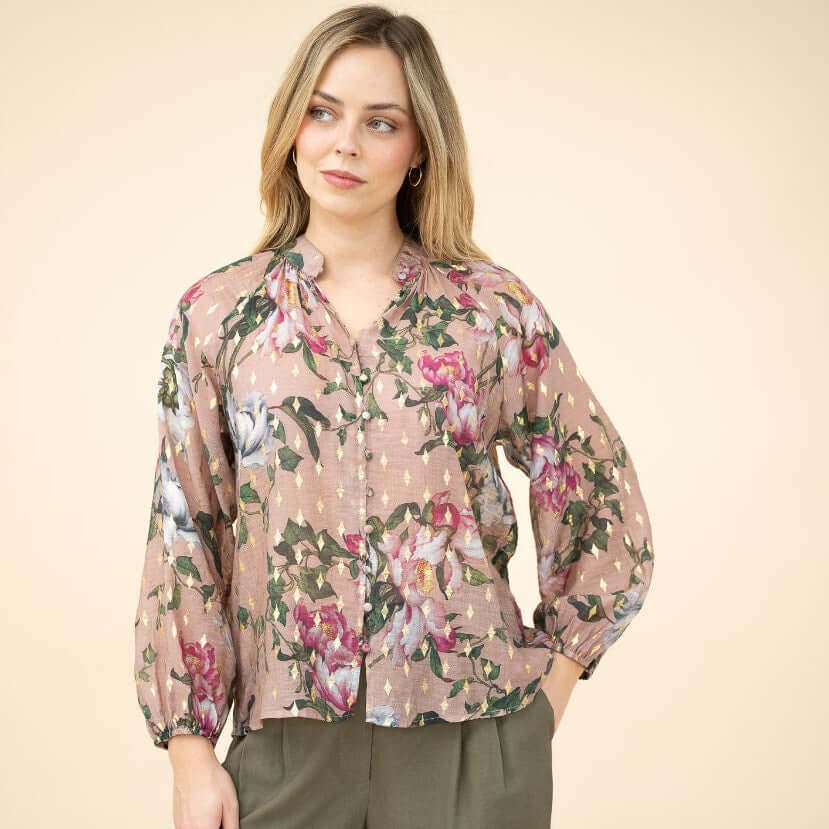 Gold foil Rose Print blouse-Pink So in style