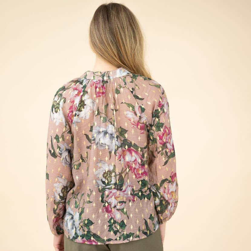 Gold foil Rose Print blouse-Pink So in style