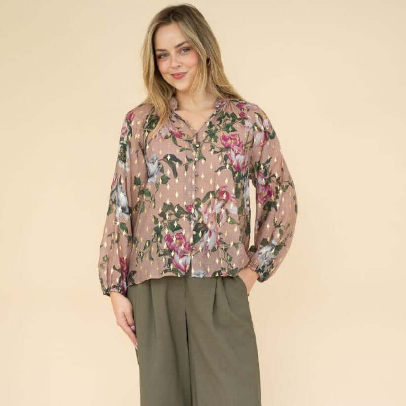 Gold foil Rose Print blouse-Pink So in style