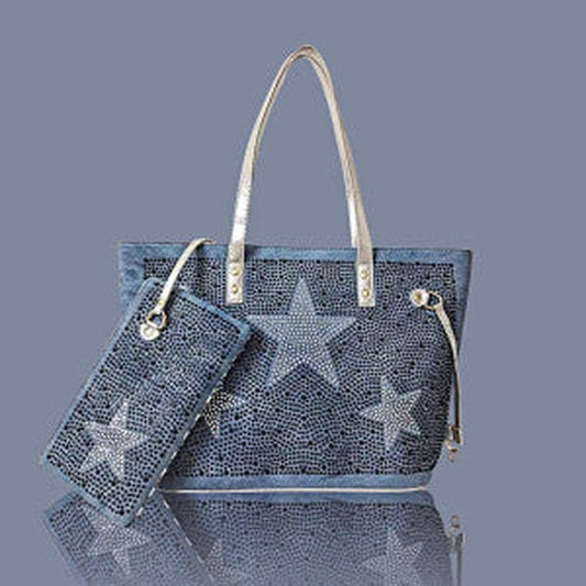 Denim Laptop Star Tote With Pouch