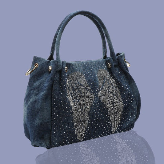 Denim Bling Angel Wings Handle Bag