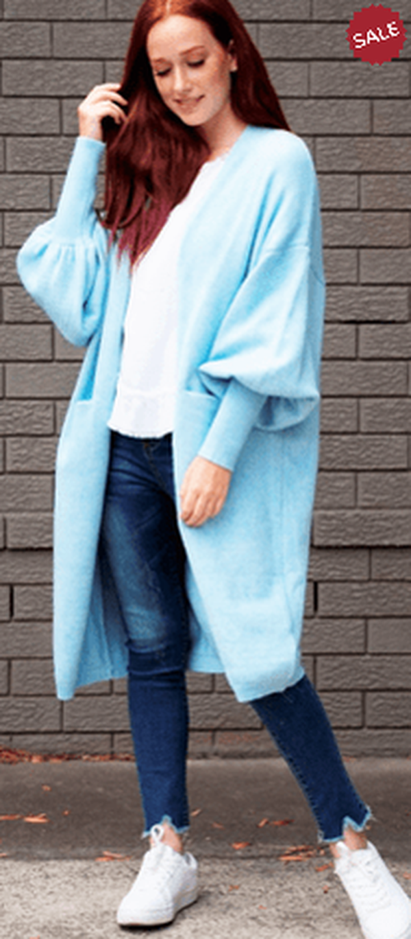 So in style Cardigan. S/M / Sky blue SIS Longline cardigan blouson sleeve